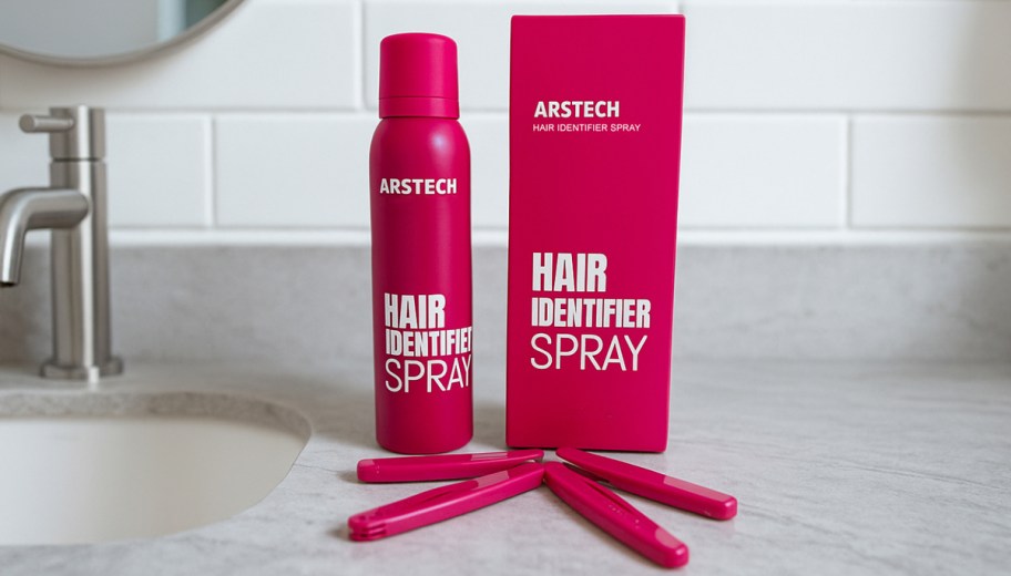 can of hair identifier spray on bathroom counter