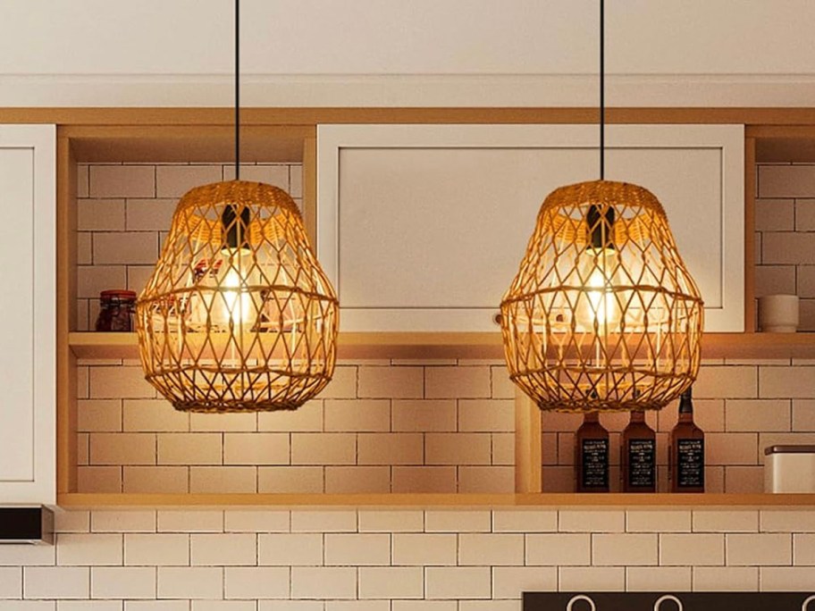 two boho pendant lights hanging in kitchen 
