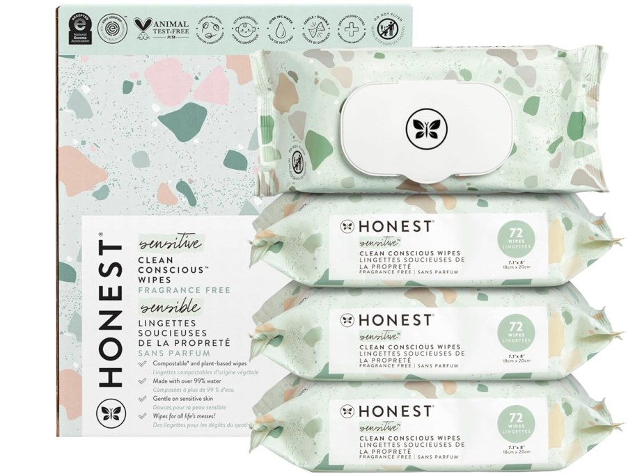 honest box with 4 packs of wipes sitting in front of it