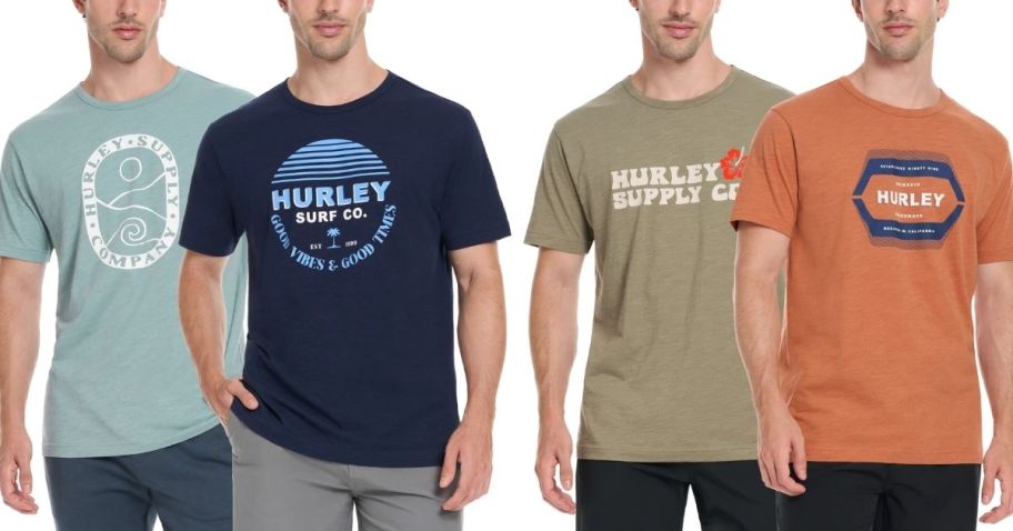 four men in graphic tee shirts