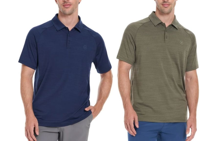 two men in different colors of the same polo shirt