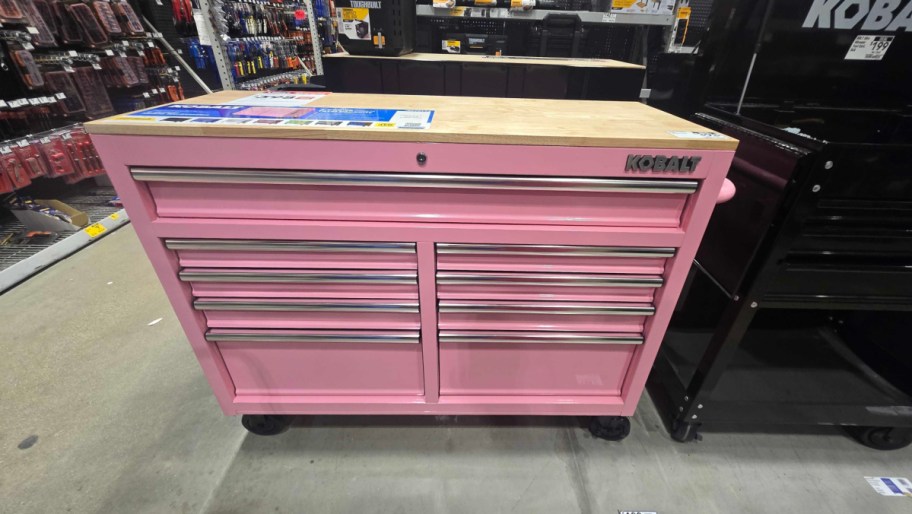 pink kobalt tool chest with wooden top