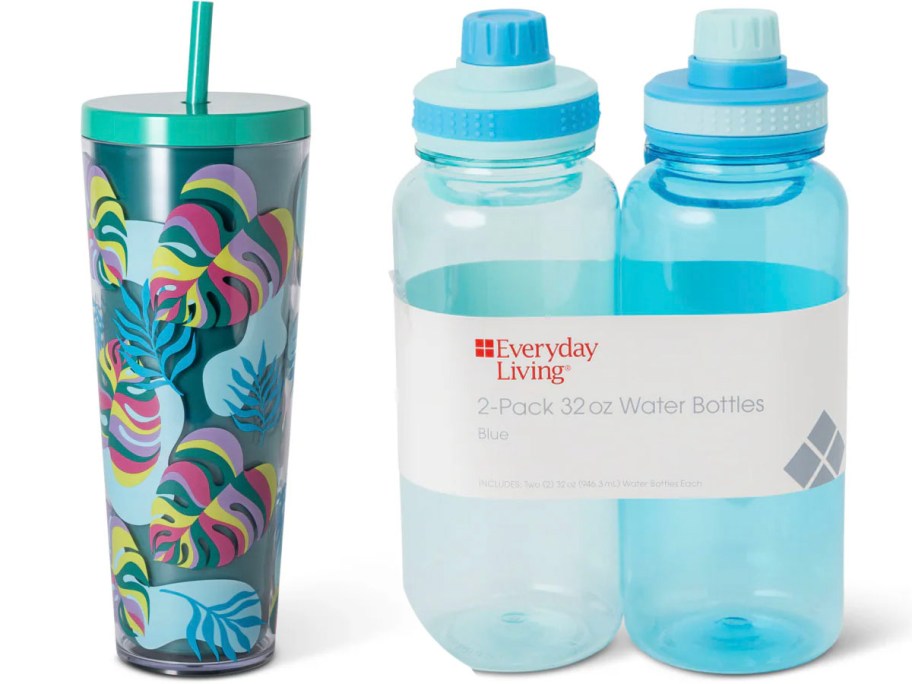 green floral tumbler and two blue water bottles 