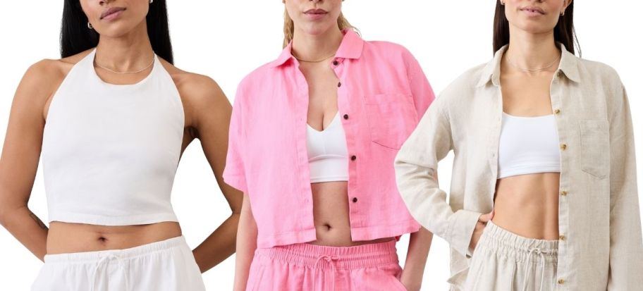 3 models in linen tops in different styles and colors