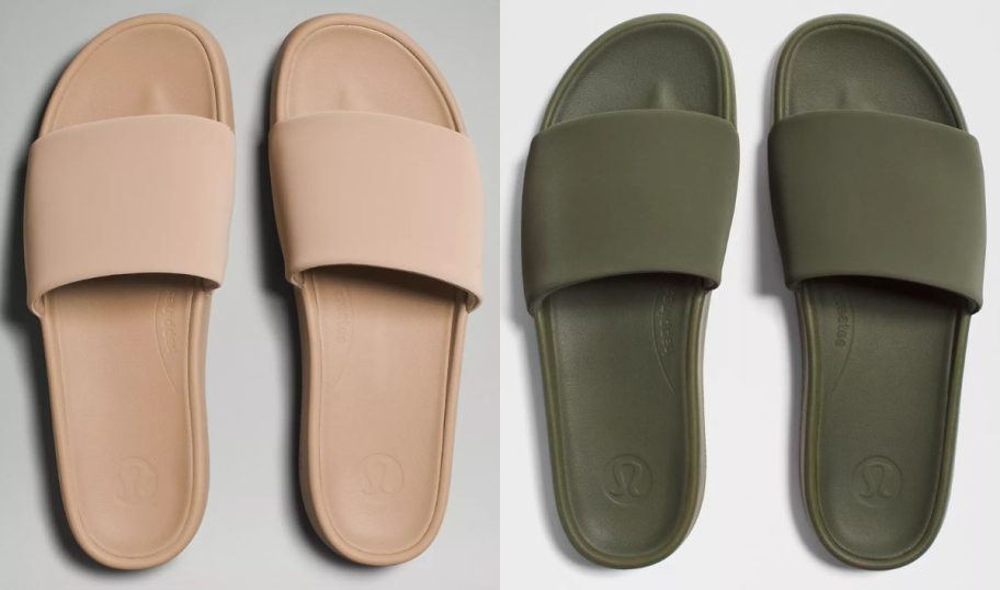 Stock images of two pairs of lululemon men's slides in tan and olive green colors