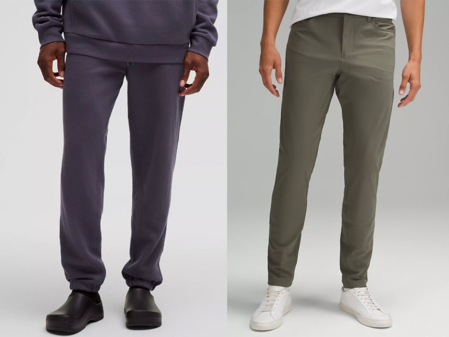 two men wearing purple and green pants 
