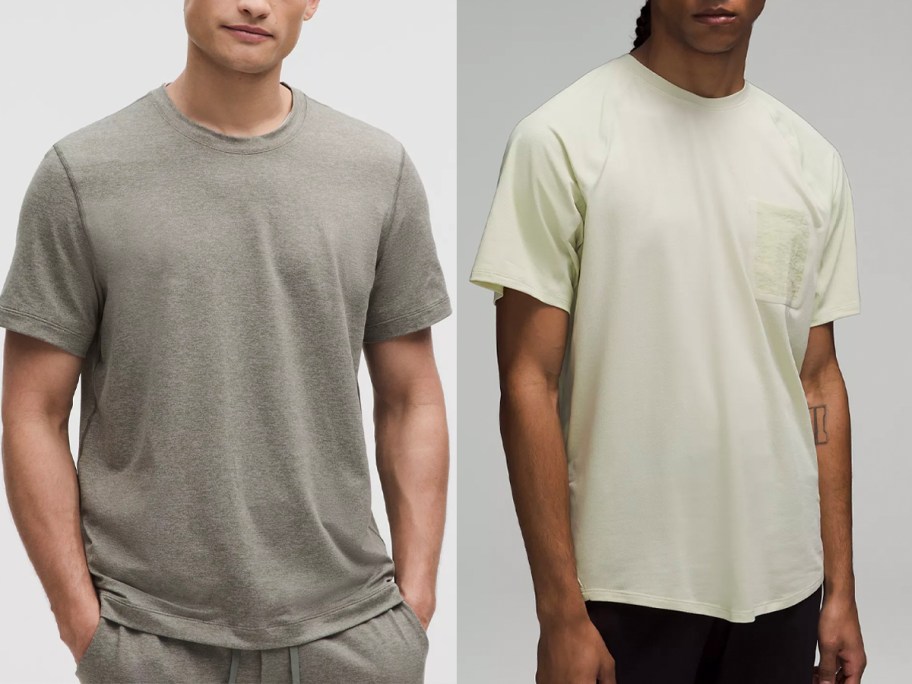 two men wearing gray and white tees