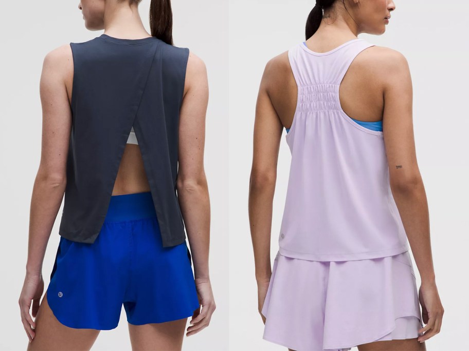 two women wearing blue and purple tanks 
