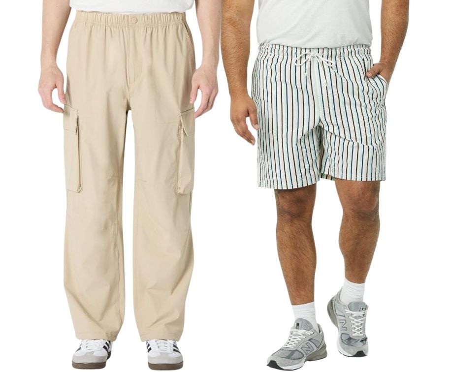 a man in a pair of kahki parachite pants and a man in a pair of striped shorts