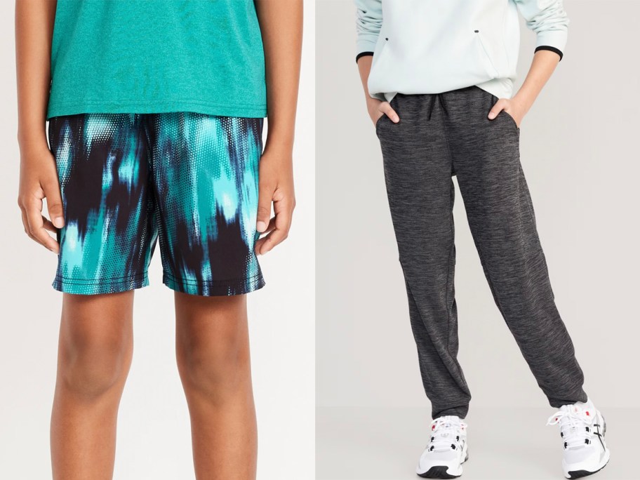 boys wearing blue shorts and gray pants 