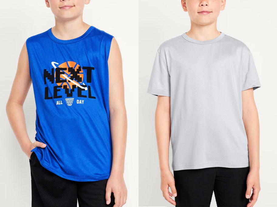 two boys wearing blue tank and gray shirts
