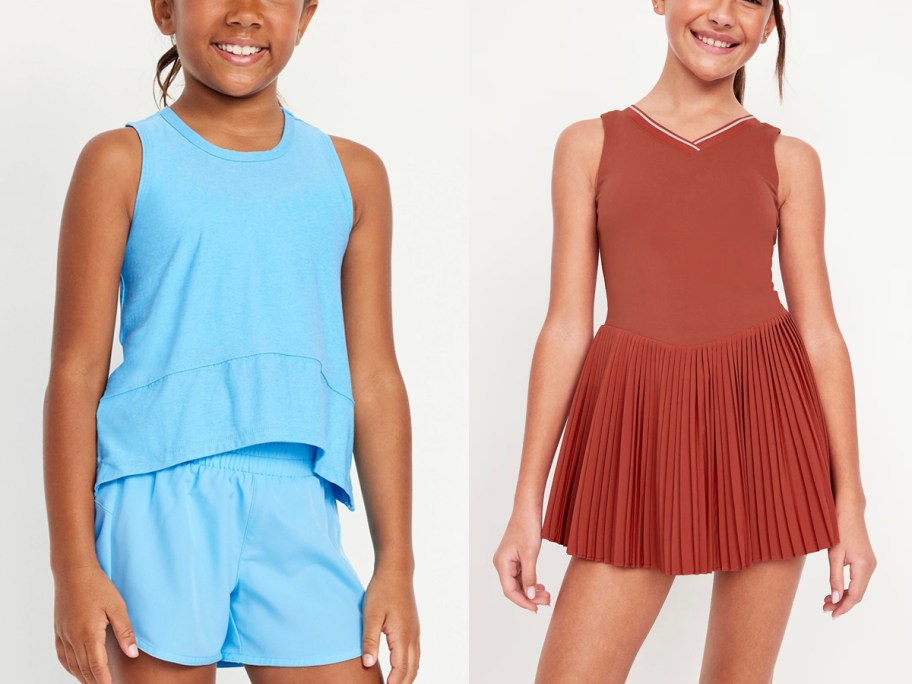 girls wearing blue tank and orange/red dress