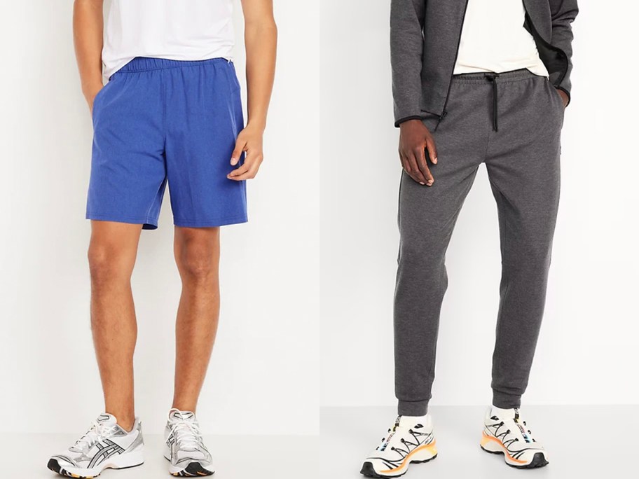 men wearing blue shorts and gray pants
