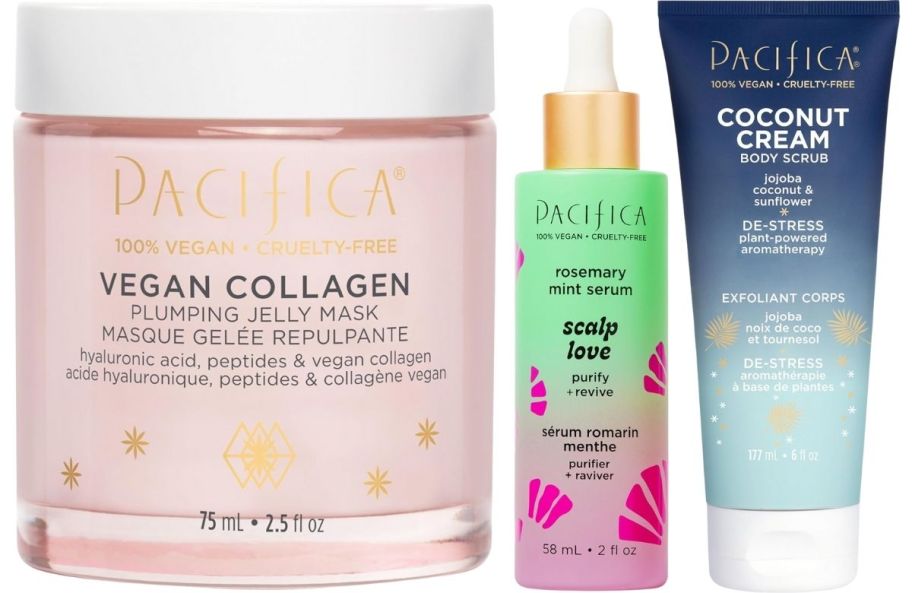 a jar of overnight jelly mask, a bottle of scalp serum and a tube of body scrub