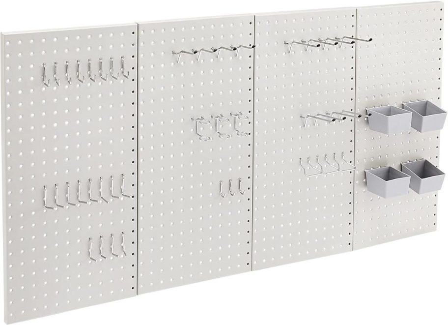 grey pegboard with hooks and baskets