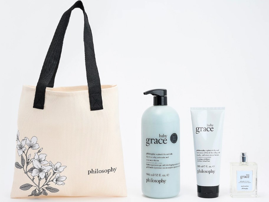 floral tote, shower gel, exfoliator and fragrance bottle 