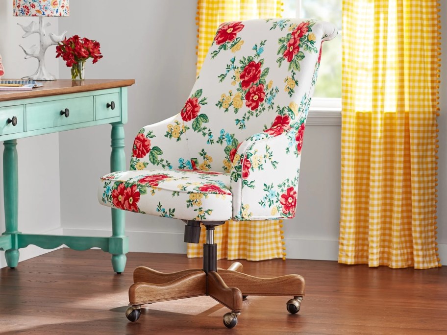 a floral fabric office chair in a home office