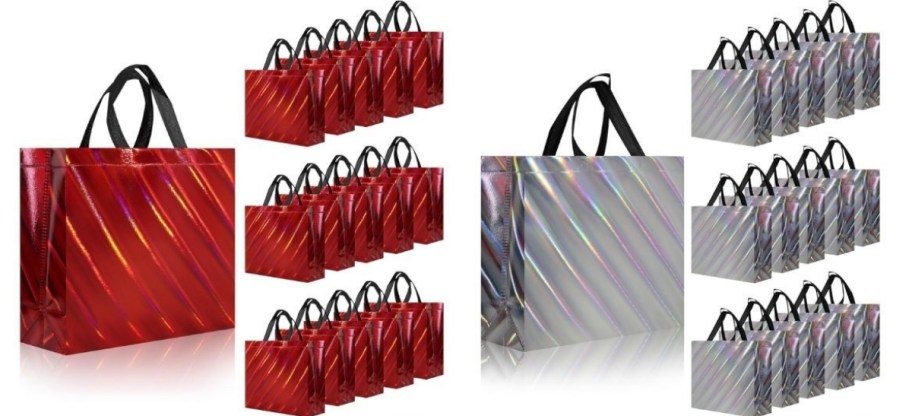 two 16 piece sets of gift bags in red or silver small or larger