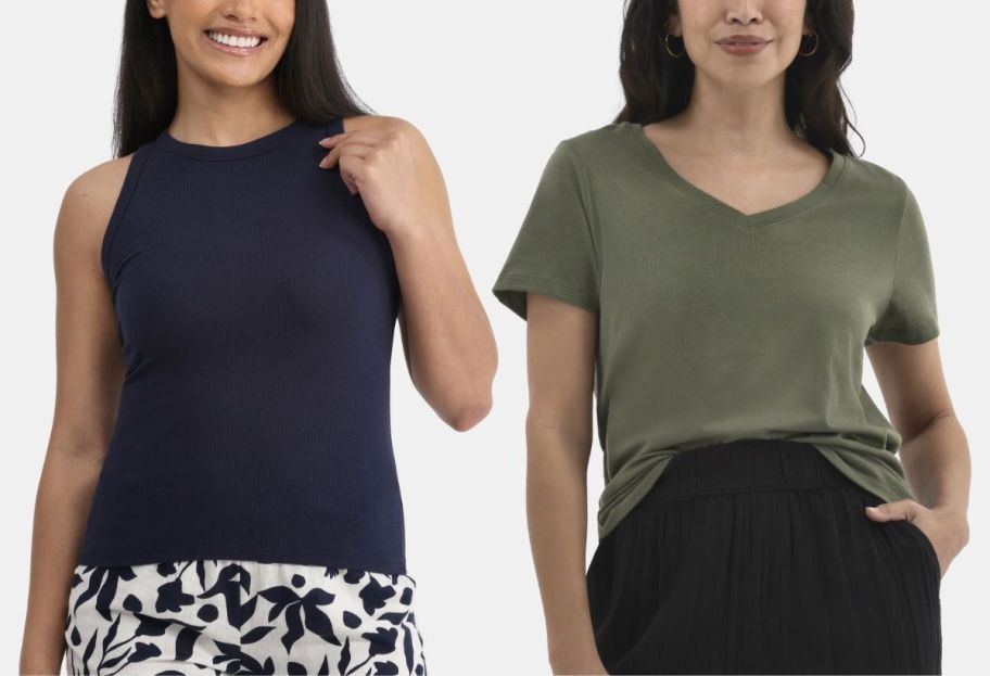 a woman in a tank top and a woman in a v neck tee