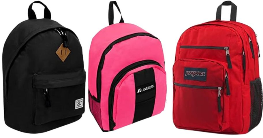 a black, pink, and red backpack