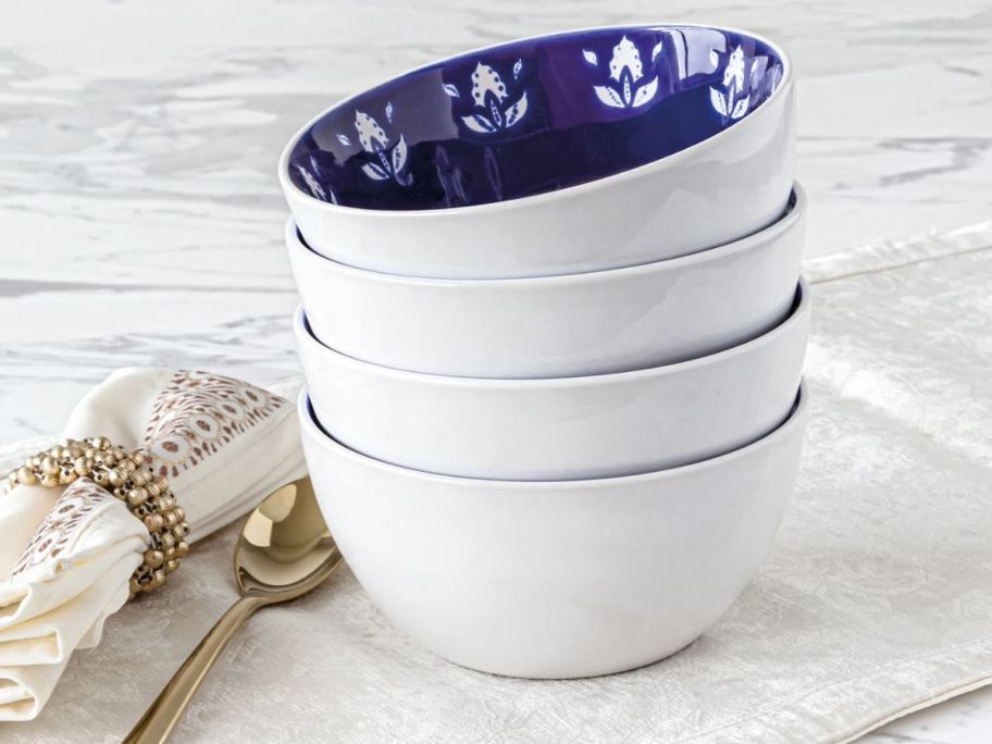 Sofia Home Indigo 4-Piece Stoneware Round Bowls stacked on table