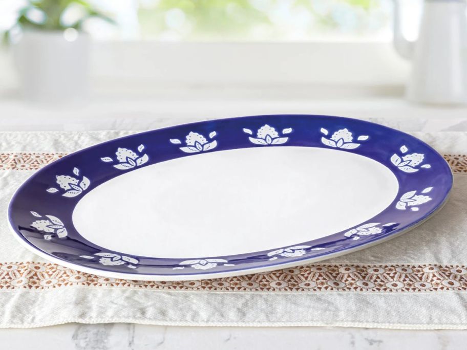 Sofia Home Indigo Large Oval Stoneware Serve Tray on table