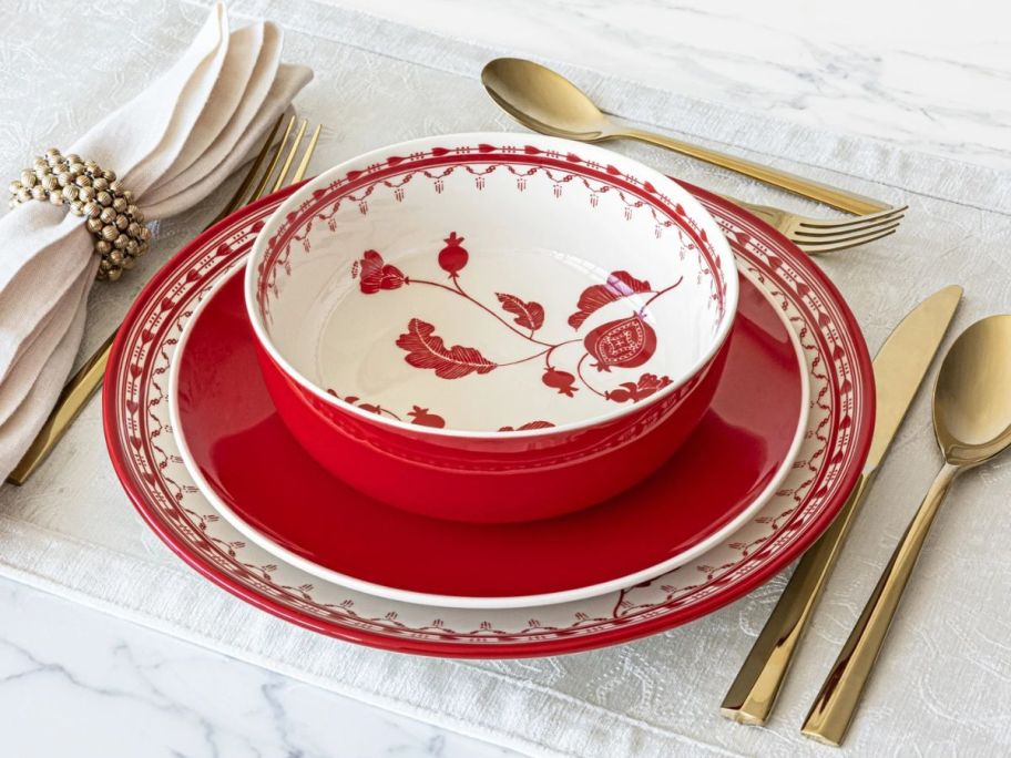 Sofia Home Red Stoneware plates and bowl stacked on table