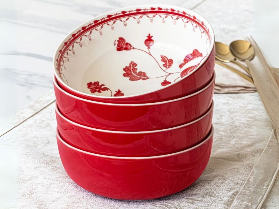 Sofia Home Red 4-Piece Stoneware Dinner Bowls stacked on table