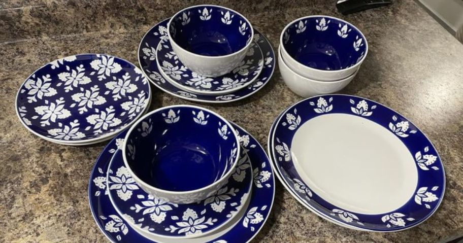 Sofia Home Indigo 12-Piece Stoneware Dinnerware Set on counter