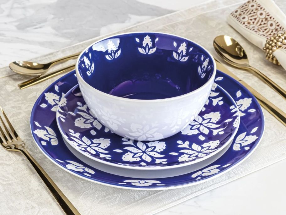 Sofia Home Indigo Stoneware Dinnerware plates and bowl stacked on table
