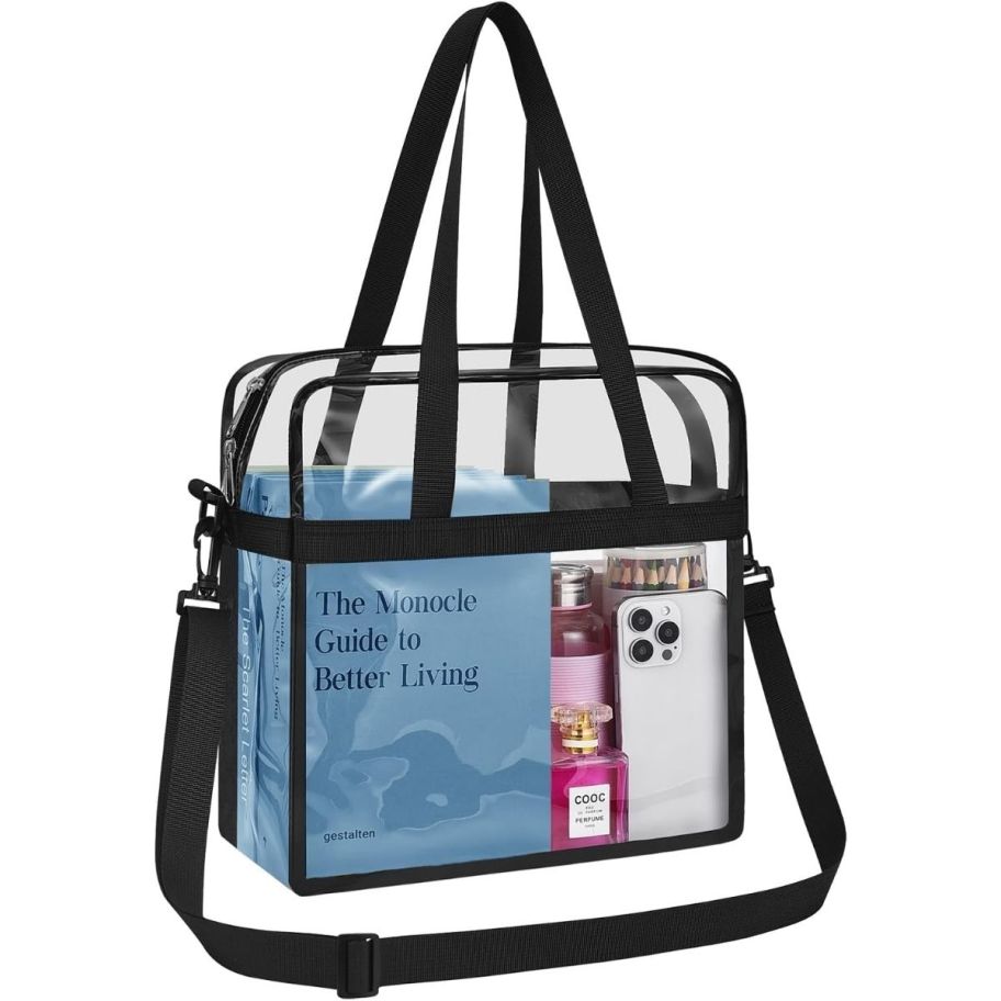 a clear tote bag with crossbody strap