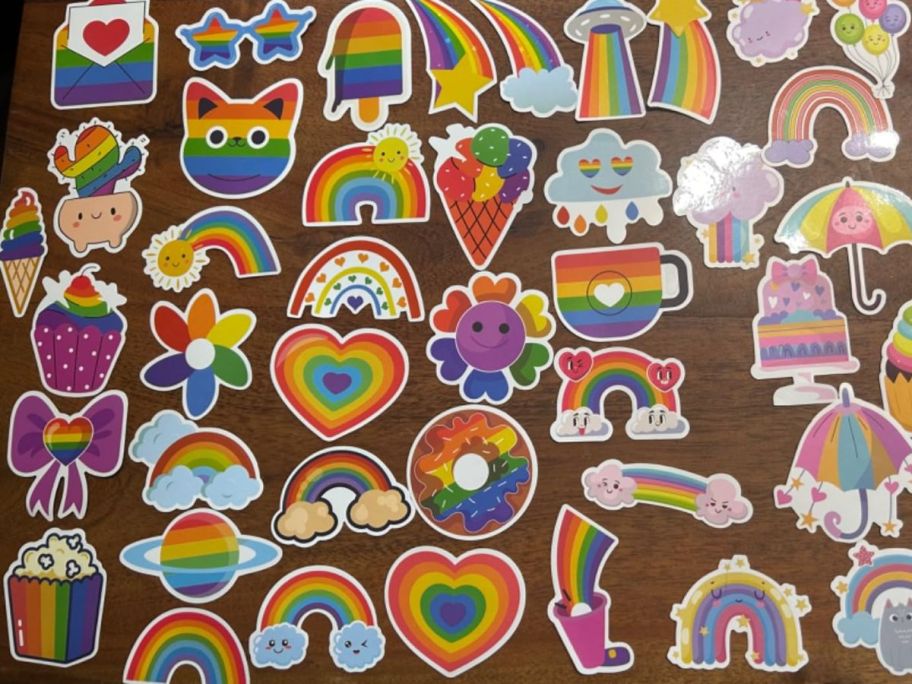 rainbow decorated vinyl stickers on table