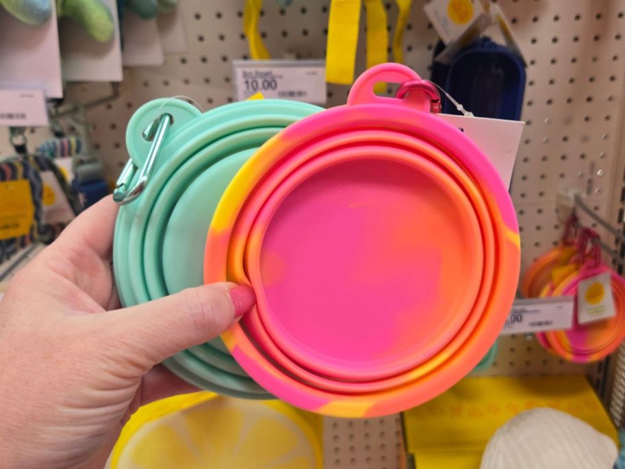 a green and pink Sun Squad Collapsible Dog Bowl in hand in store