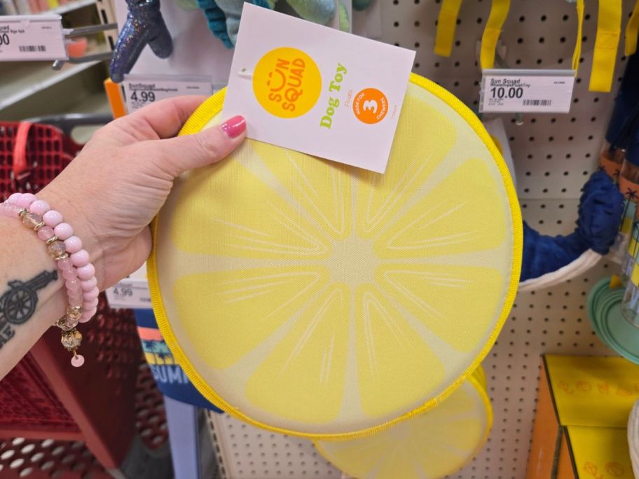 Sun Squad Lemon Flying Disc Dog Toy in hand in store
