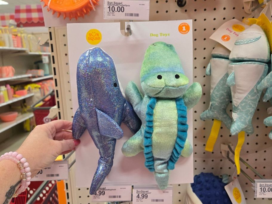 Sun Squad Gator & Shark Dog Plush Toy Set in hand in store