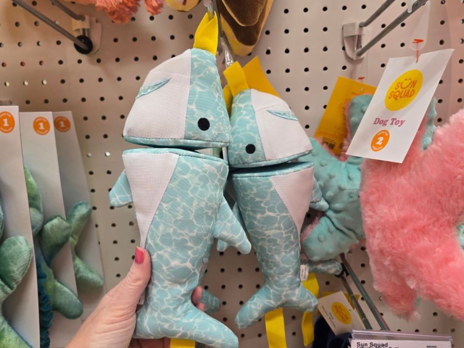 Sun Squad Shark RipStop Dog Launcher Toy in hand in store