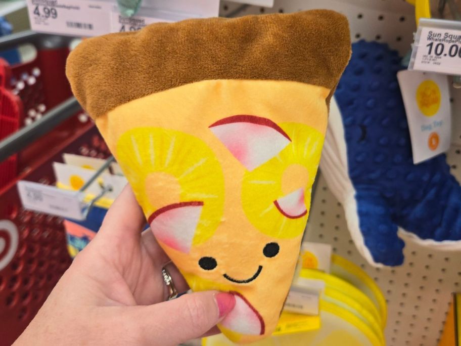 Sun Squad Pizza Dog Plush Toy in hand in store