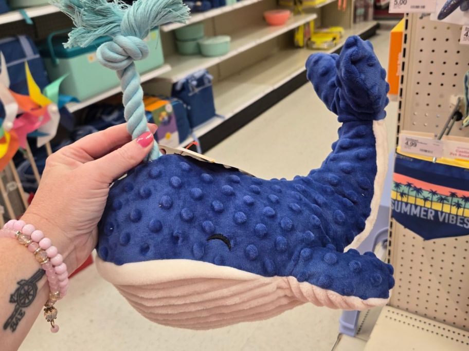 Sun Squad Whale Rope Plush Dog Toy in hand in store