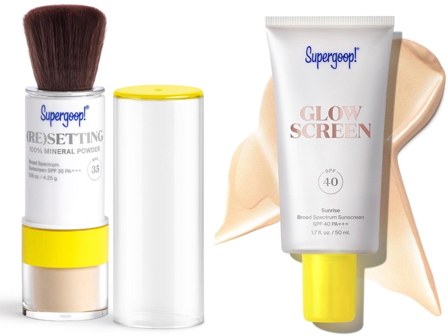 supergoop powder and suncreen lotion 