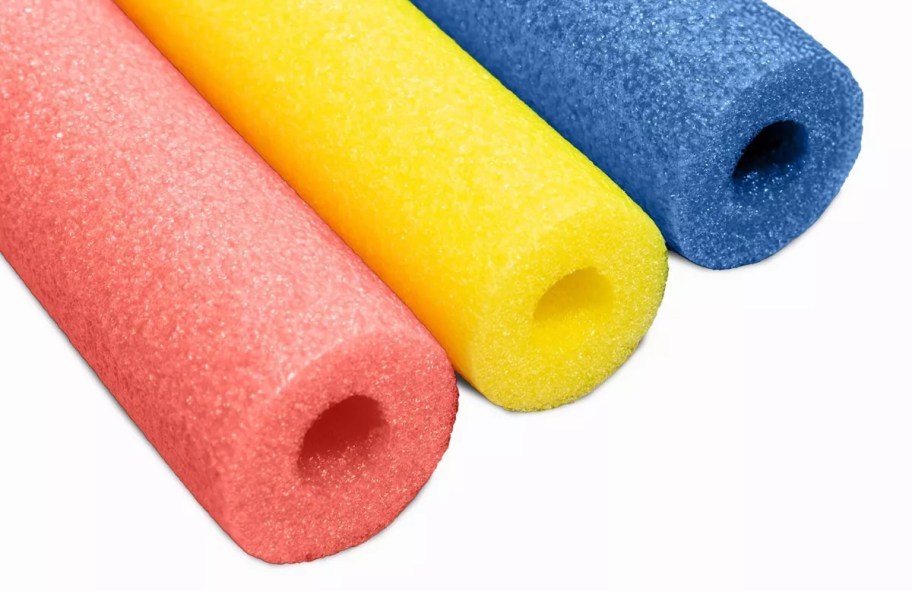 red yellow and blue pool noodle