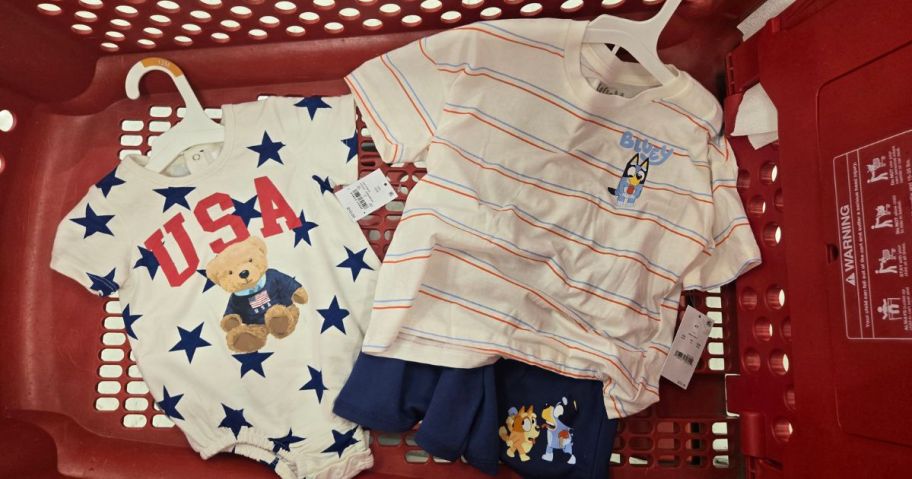usa bear romper and red white and blue bluey t-shirt and shorts set in target cart