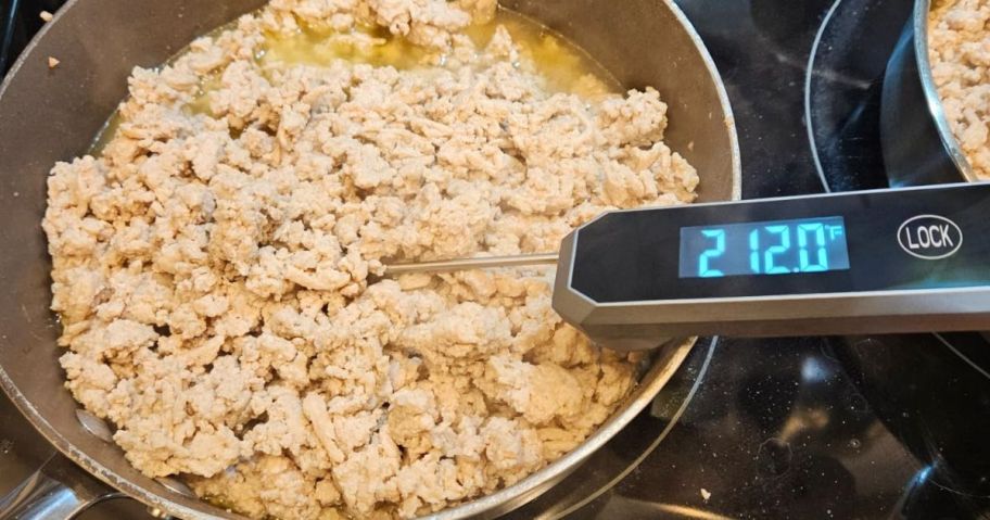digital meat thermometer in chicken being cooked on stove