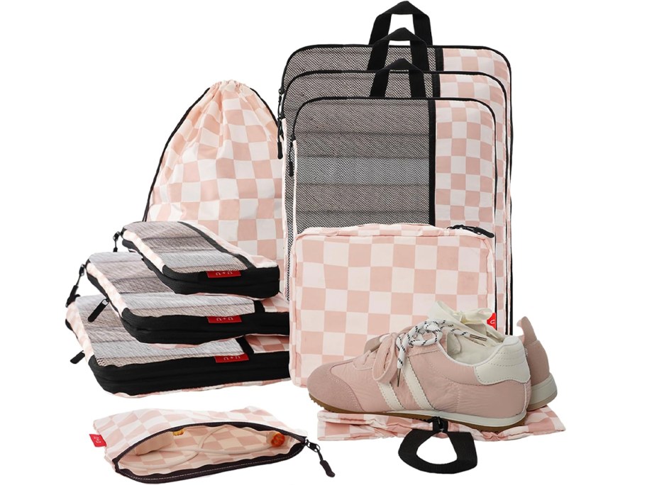 pink checkered packing cube set 