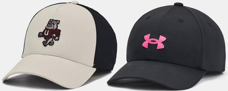 under armour hats in beige and black and pink and black