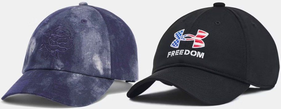 under armour blue tie dye and black flag hats 