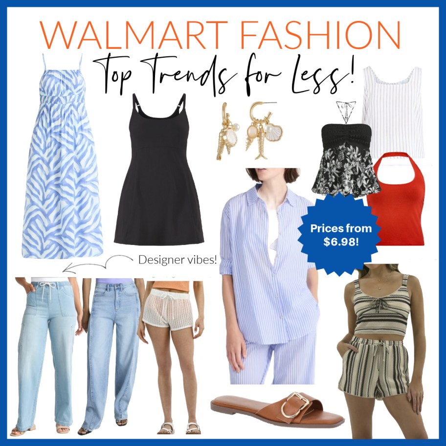 collage of summer dresses tops and jeans 