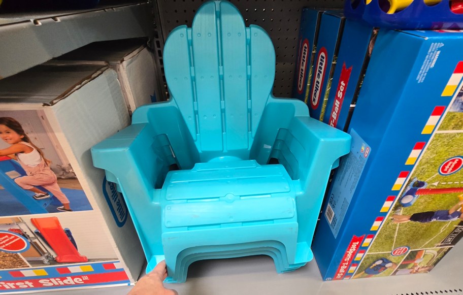 blue adirondak chair on shelf 