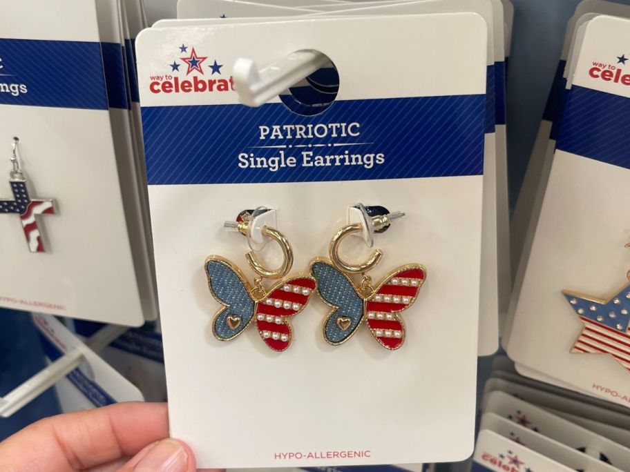 Way To Celebrate Americana Mini Hoop Butterfly Earrings in hand in store