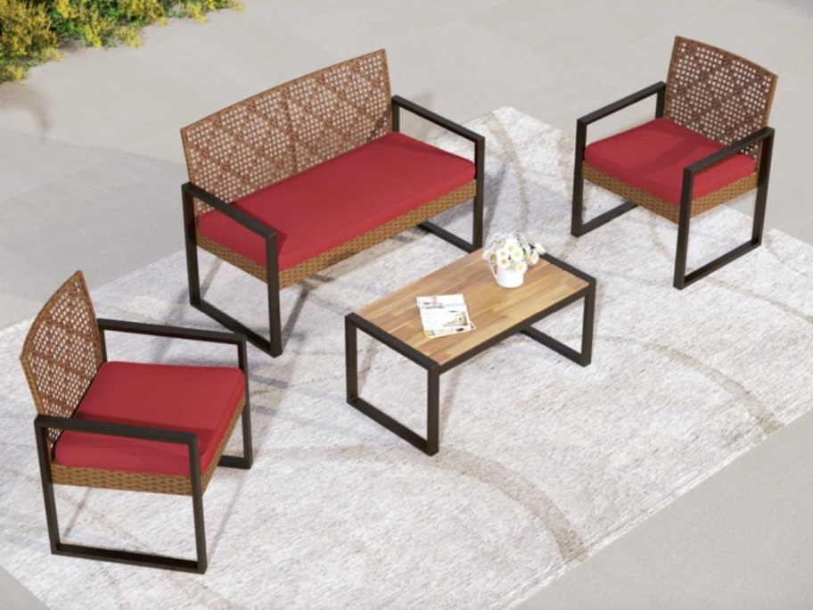 wicker patio set with red cushions