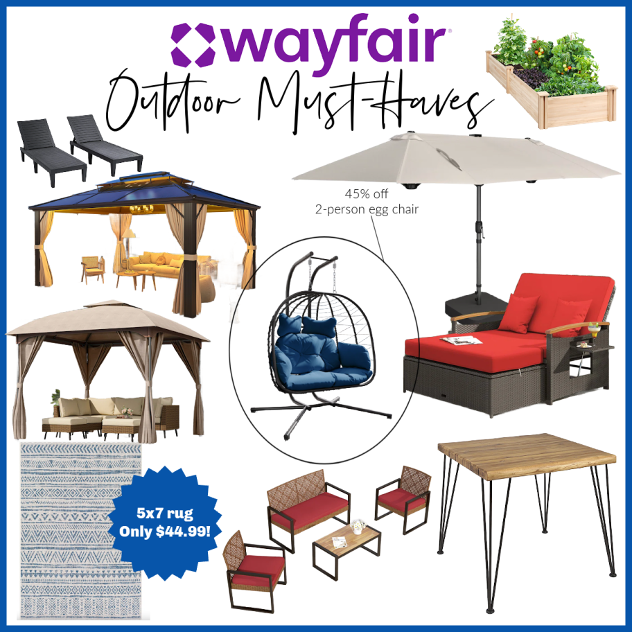 collage of outdoor items planters, rugs, gazebos and more